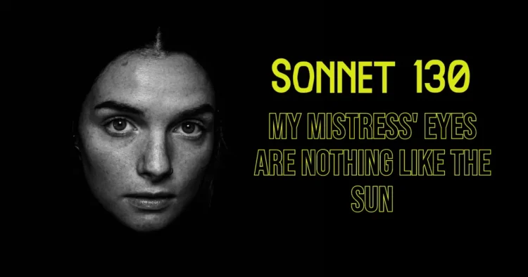 Black and white image of a woman's face on black background, representing the woman described in Shakespeare's Sonnet 130.