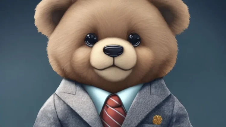 An anthropomorphic brown teddy bear wearing a suit and tie