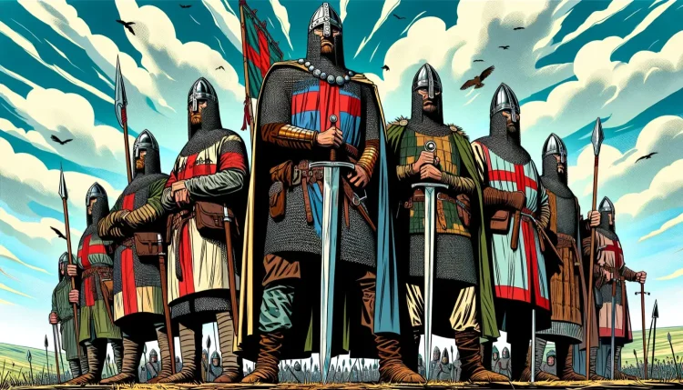 The Anglo-Norman Period (1066 to 1350) 1 Group of medieval Anglo-Norman knights in chainmail and helmets, with swords and spears, standing under a blue sky with flying birds during the Norman rule in England.