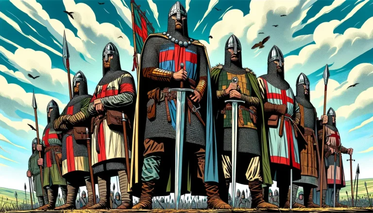 Group of medieval Anglo-Norman knights in chainmail and helmets, with swords and spears, standing under a blue sky with flying birds during the Norman rule in England.