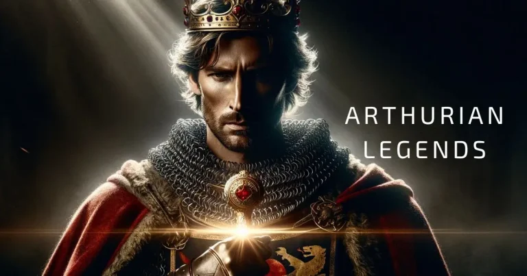 Cinematic poster of King Arthur with a majestic stance and gleaming sword from Arthurian Legends.
